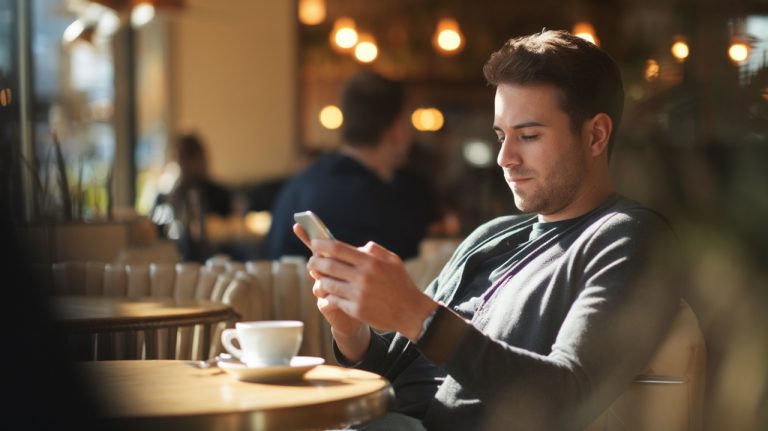 homme qui lis un article sur telephone