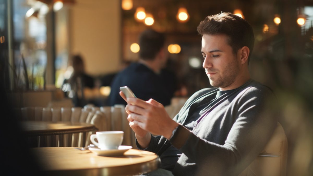 homme qui lis un article sur telephone