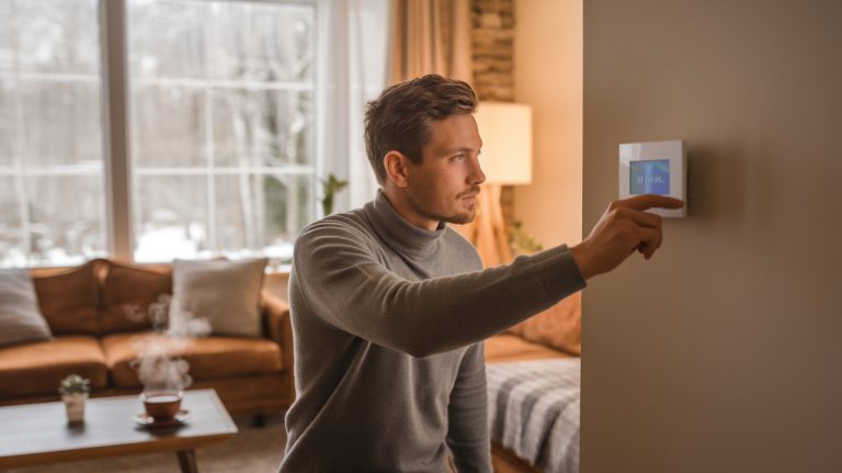 Homme regle chuaffage salon