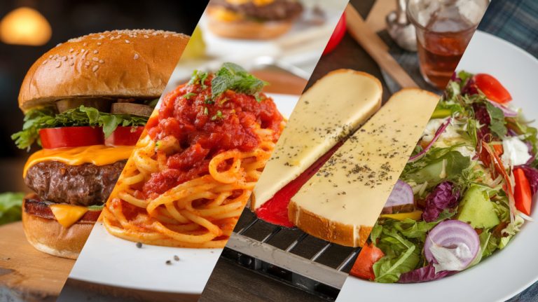 image coupé en 4 : hamburger, spaghetti, raclette ou salade