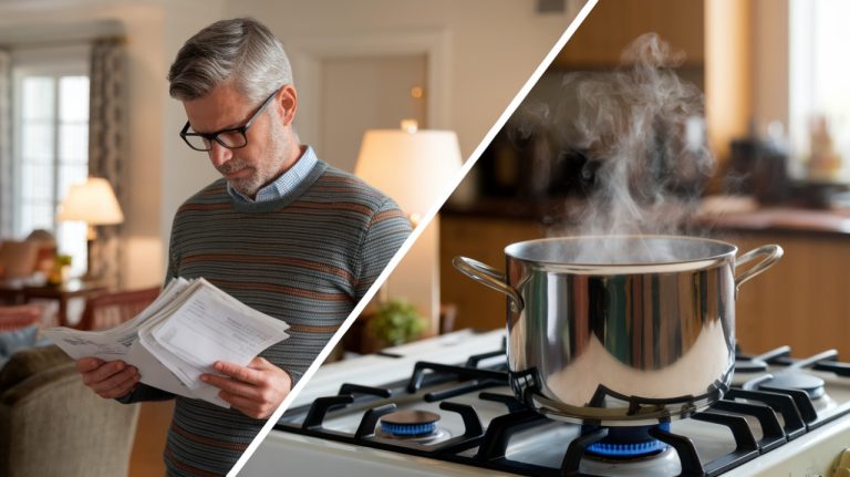 Image divisée en deux en diagonale : à droite, une casserole sur le feu ; à gauche, une homme qui regarde factures electricite