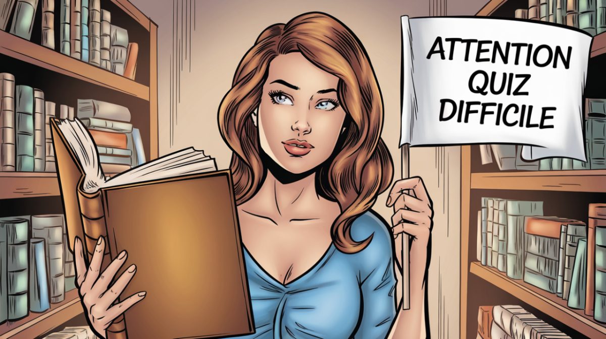style BD, une belle femme qui tient un grand livre dans une main et et dans l'autre un drapeau avec ecrit : Attention Quiz Difficile
