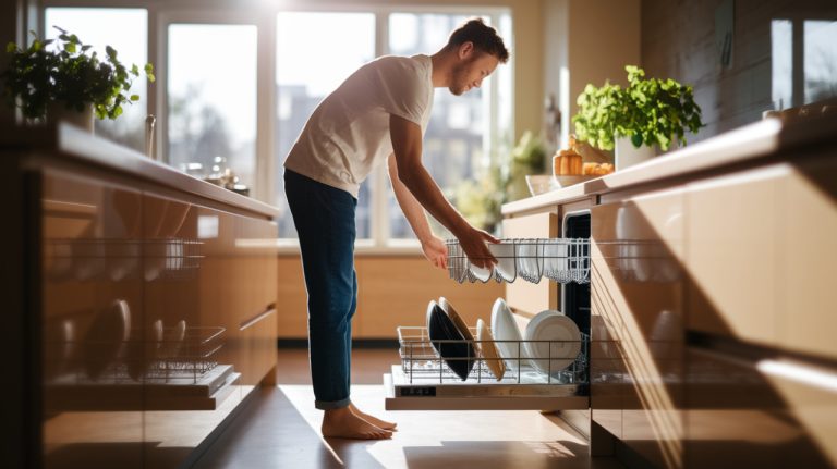 homme remplis son lave vaisselle