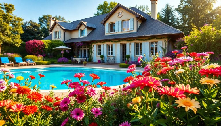 Belle piscine maison jardin fleurie