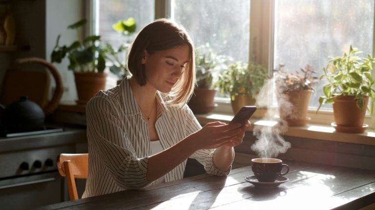Femme qui lis sur telephone dans sa cuisine