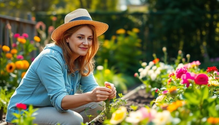 Femme qui plante au jardin