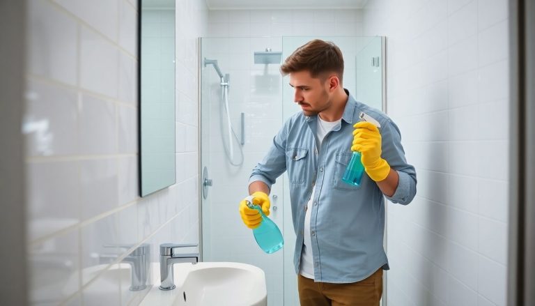 homme qui fait le ménage dans la salle de bain