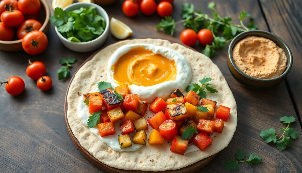 Recette de pain plat au yaourt avec légumes grillés et houmous : un festin méditerranéen à portée de main