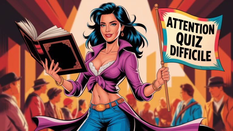 style BD, une belle femme qui tient un grand livre dans une main et et dans l'autre un drapeau avec ecrit : Attention Quiz Difficile
