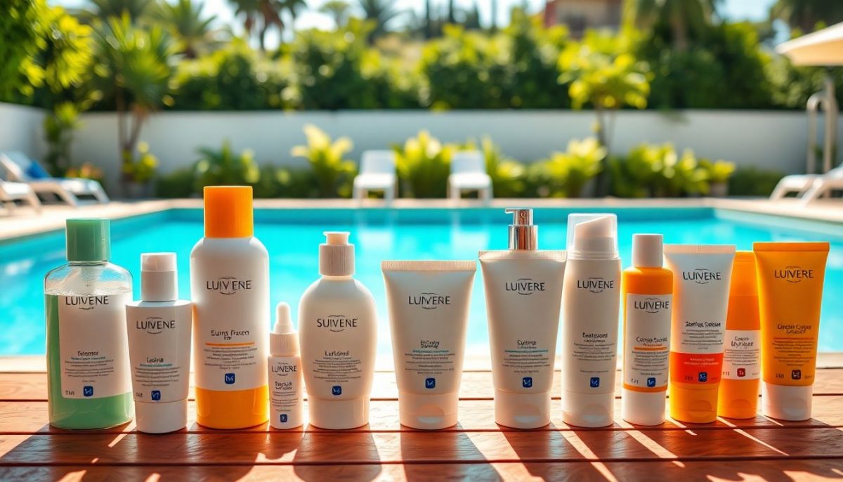 différente creme solaire devant belle piscine