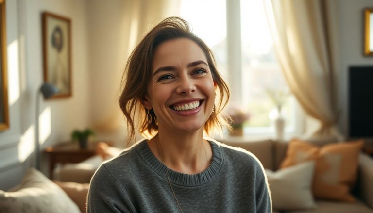 Femme dans son salon sourrie au frais rideau e nfond