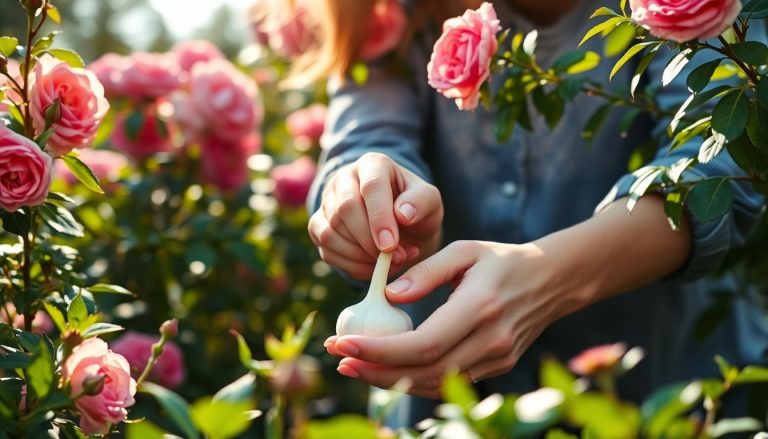 Elle écrase une gousse d'ail au pied de ses rosiers : ce geste simple évite les maladies