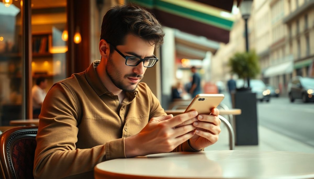 homme qui lis un article sur telephone