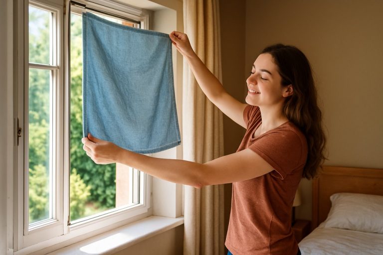 Ce petit rideau thermique improvisé réduit la température de 2 à 4°C dans la chambre en été