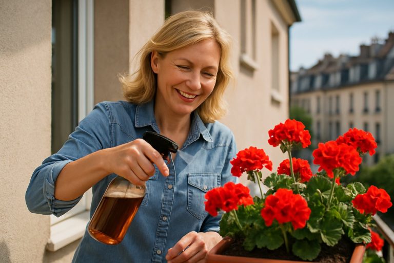 Elle pulvérise du thé noir froid sur ses géraniums : le résultat en 48h est spectaculaire