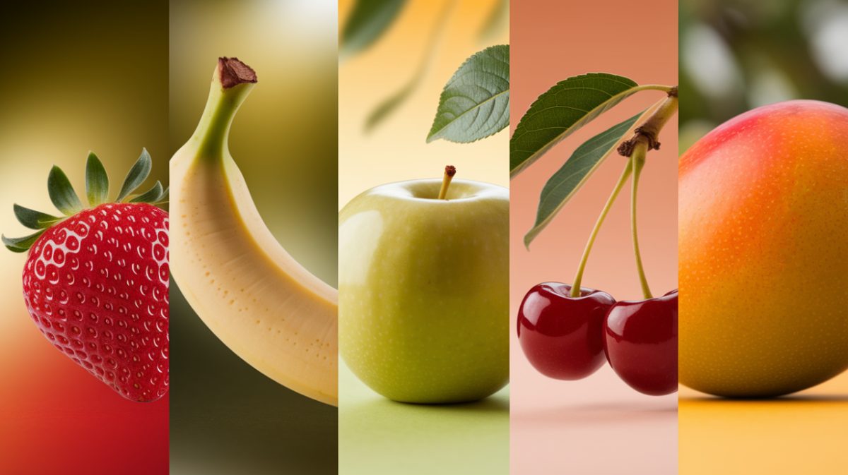 Une image divisée en 5 : fraise, banane, pomme, cerise, mangue