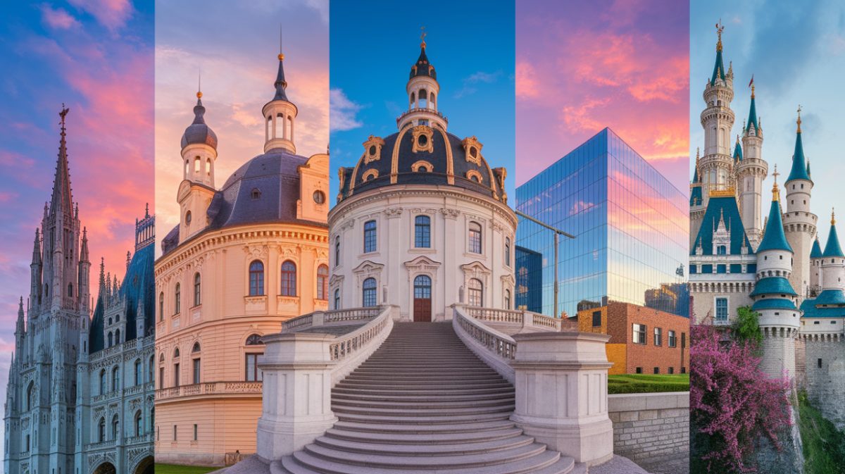 Image divisée : Château gothique, Château Renaissance, Château baroque, Château moderne, Château fortifié, Château romantique