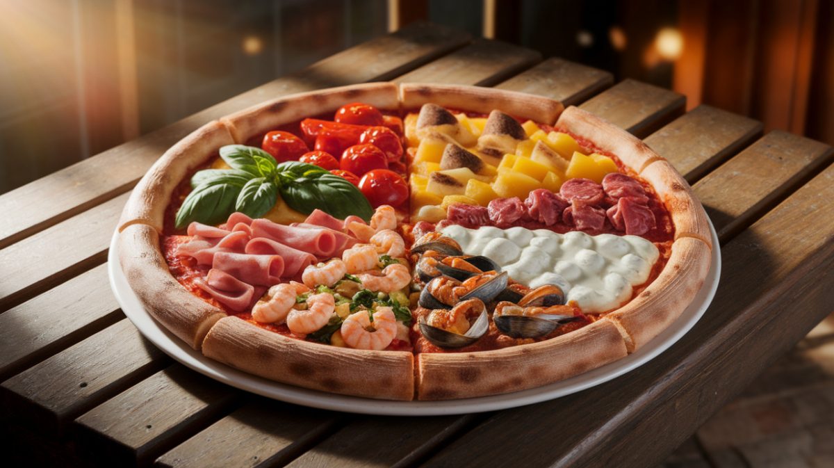 Image divisée : Margherita, Pepperoni, Hawaïenne, Quatre fromages, Végétarienne, Fruits de mer, Viandes multiples, Pizza blanche