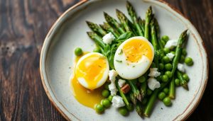 Artichauts rôtis, asperges vertes, petits pois, feta et œuf mollet : le plat de printemps qui change tout