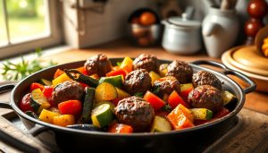 J'ai jeté légumes du soleil et boulettes de bœuf dans un seul plat : le four a fait tout le boulot à ma place