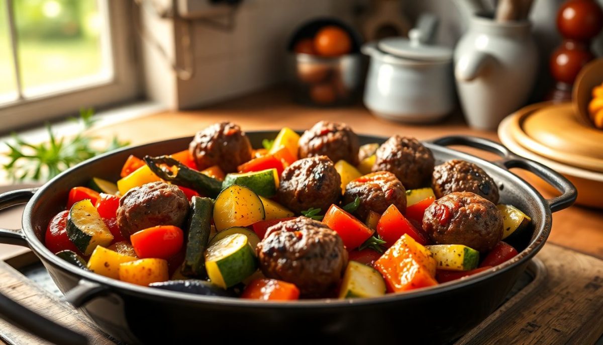 J'ai jeté légumes du soleil et boulettes de bœuf dans un seul plat : le four a fait tout le boulot à ma place
